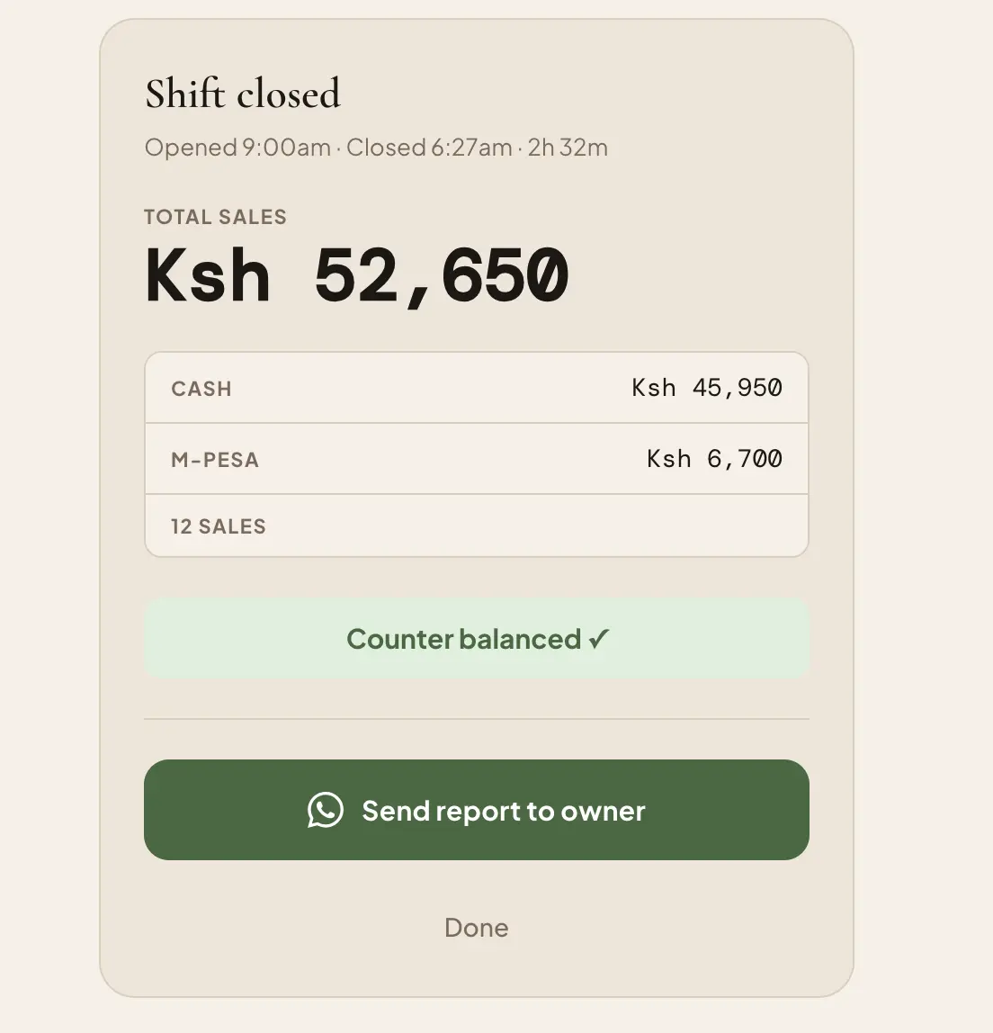 Shift report ready to send to owner
